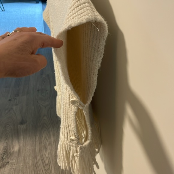 Anthropologie Off White Mock Neck Buttoned Poncho with Fringes. - Picture 5 of 9